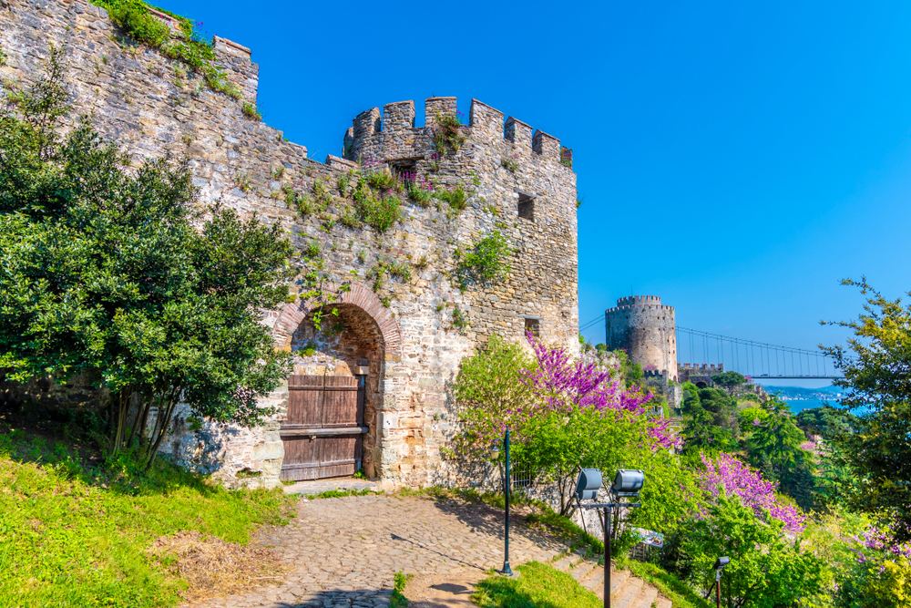 Medieval curtain walls and bastions connecting the towers of Rumeli Fortress